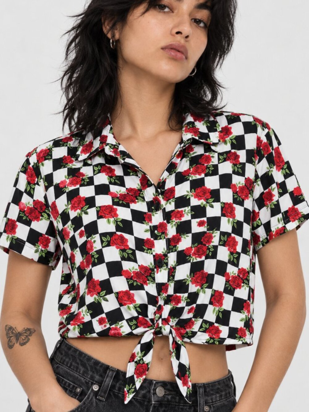 Spencer's Black & White Checkered Tie-Front Shirt with Red Rose Print